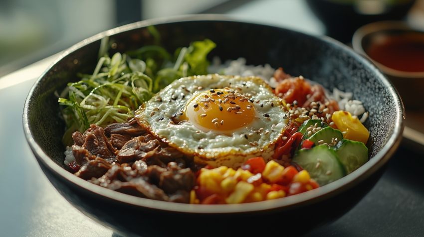 Hearty Korean Bibimbap with Vegetables and Fried Egg