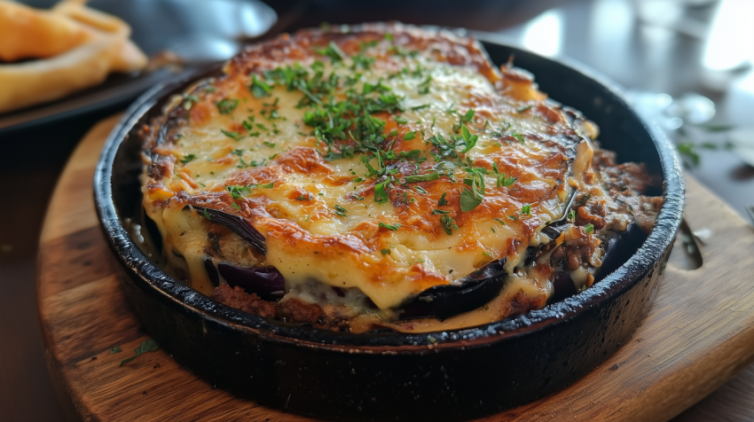 Traditional Greek Moussaka with Eggplant and Lamb Layers
