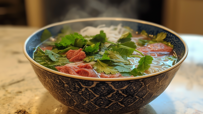 Authentic Vietnamese Pho with Beef Broth and Fresh Herbs in Steaming Bowl