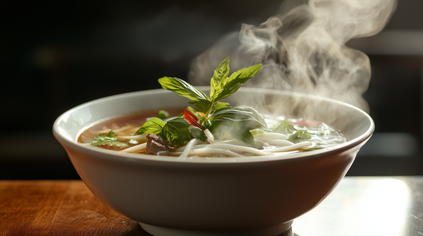 Traditional Vietnamese Pho with Beef Broth and Rice Noodles