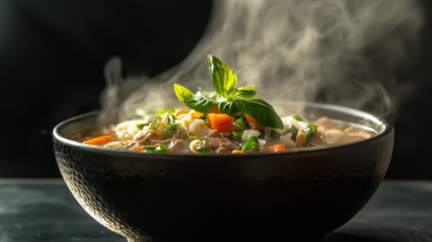 Vibrant Vietnamese Pho with Fresh Herbs and Rice Noodles in Steaming Bowl