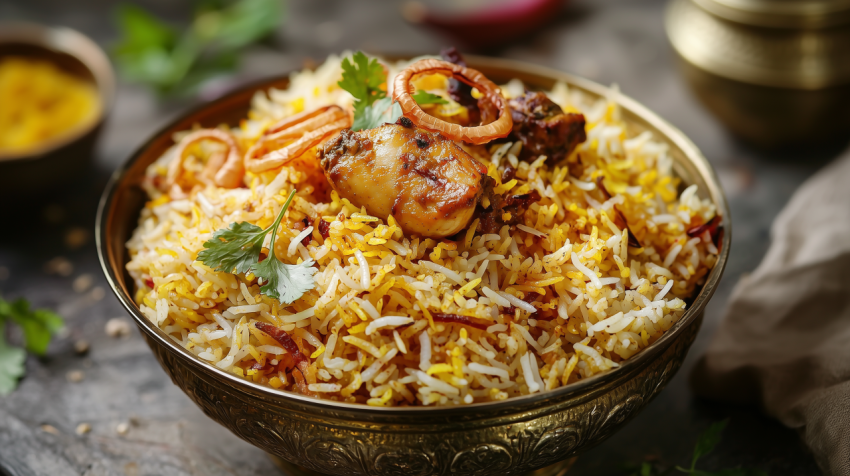 Spiced Indian Biryani with Chicken and Fried Onions