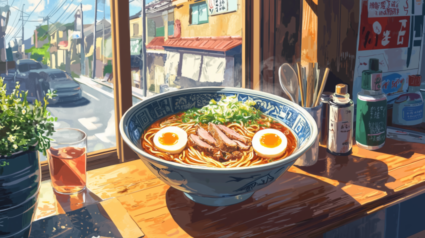 Authentic Japanese Ramen with Chashu Pork and Marinated Eggs in Ceramic Bowl