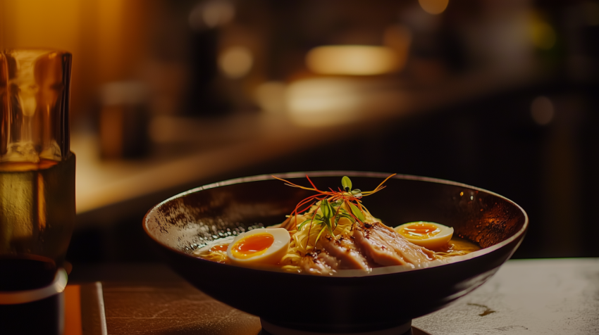 Vibrant Japanese Ramen with Chashu Pork and Marinated Eggs in Ceramic Bowl