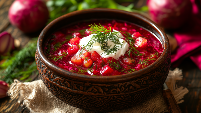 Vibrant Ukrainian Borscht with Sour Cream and Dill in Clay Bowl