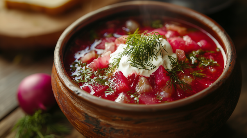 Hearty Ukrainian Borscht with Sour Cream and Dill
