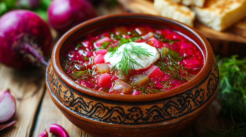 Traditional Ukrainian Borscht with Beet and Sour Cream