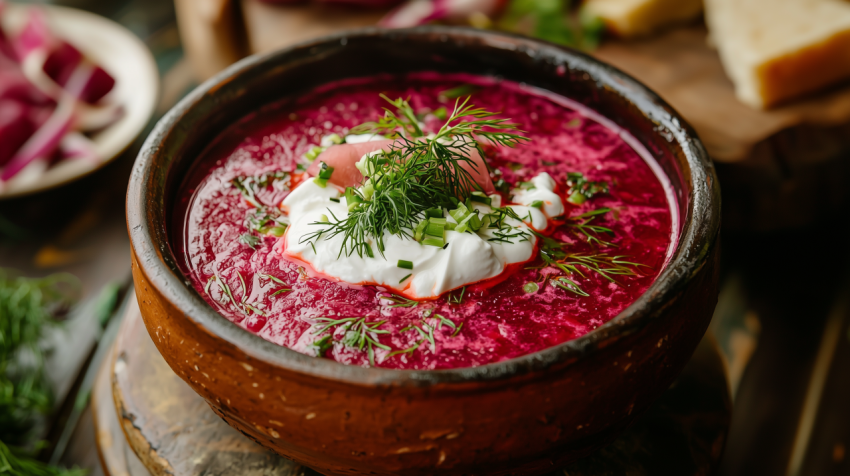 Vibrant Ukrainian Borscht with Dill and Sour Cream in Clay Bowl