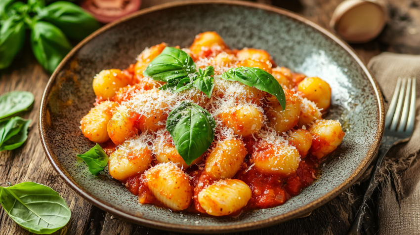 Vibrant Italian Gnocchi with Tomato Basil Sauce on Rustic Table