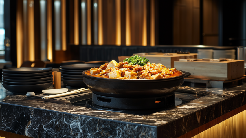 Traditional Korean Kimchi Jjigae with Steamed Rice