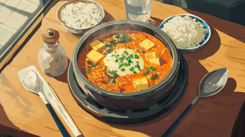 Vibrant Korean Kimchi Jjigae with Tofu and Pork in Stone Pot