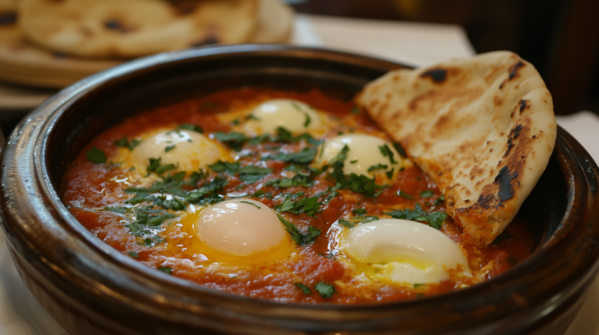 Spicy Israeli Shakshuka with Eggs and Pita Bread on Ceramic Plate