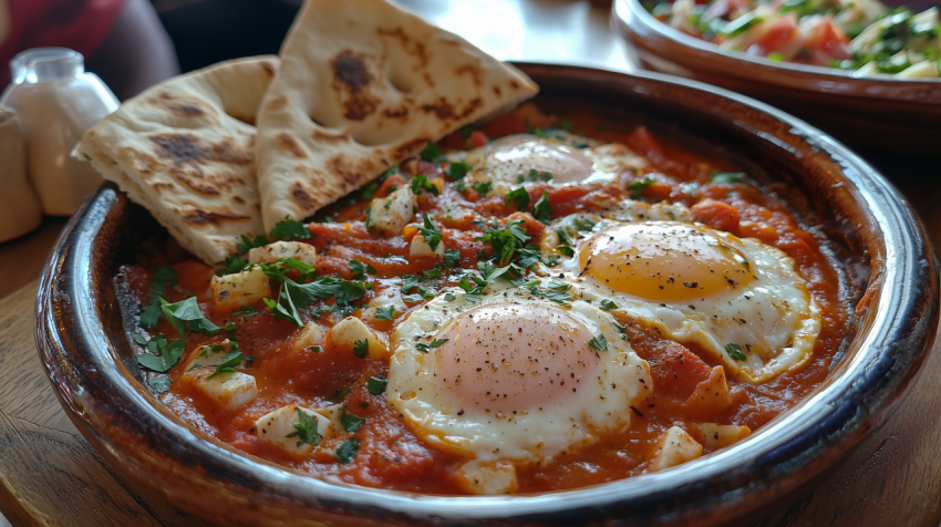 Traditional Israeli Shakshuka with Eggs and Tomato Sauce