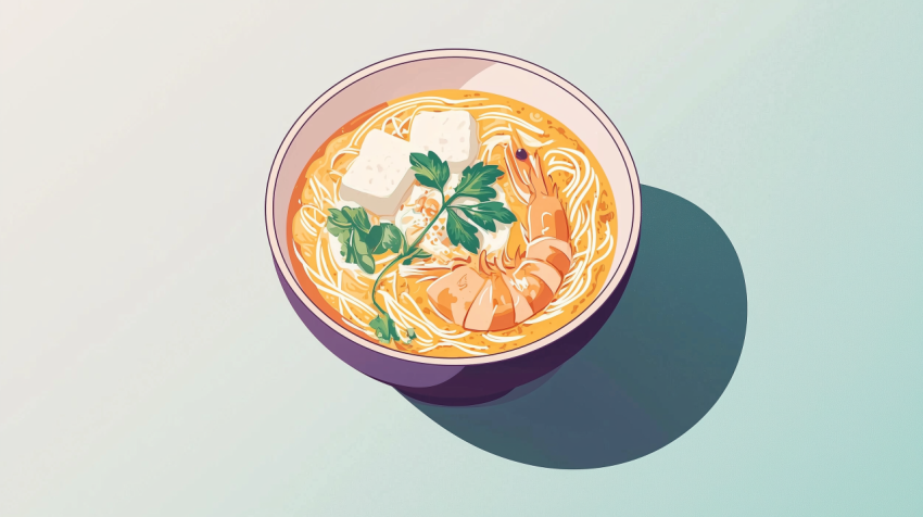 Vibrant Malaysian Laksa with Shrimp and Tofu in Ceramic Bowl