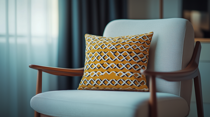 Mid-Century Modern Armchair with Geometric Throw Pillow