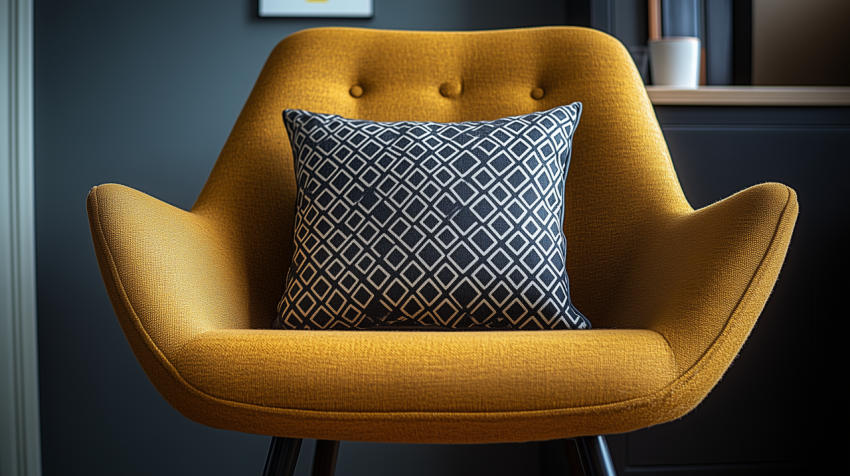 Modern Armchair with Geometric Pillow in Charcoal and Mustard Tones