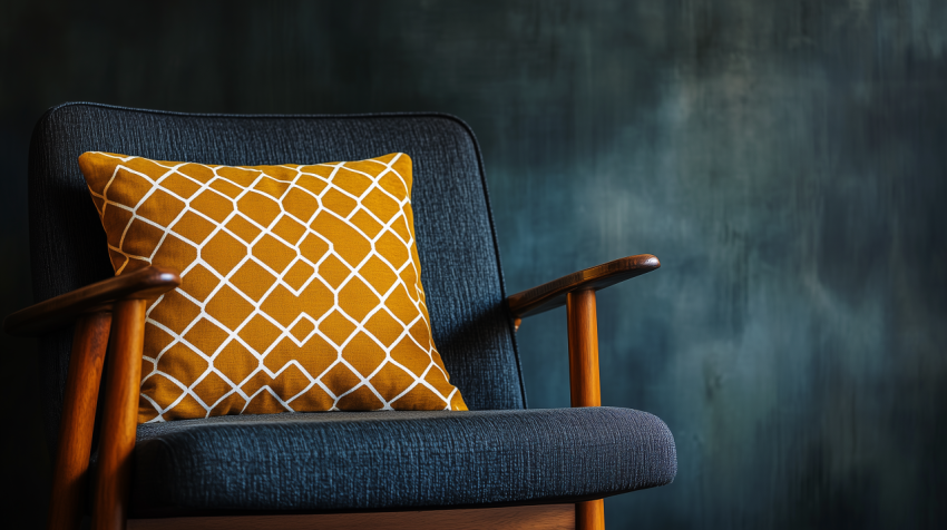 Elegant Mid-Century Armchair with Geometric Pillow and Urban Sophistication