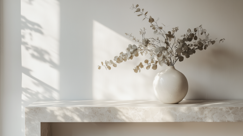 Sleek Marble Console Table with Sculptural Vase and Dried Eucalyptus