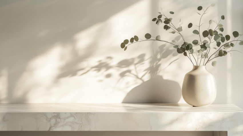 Modern Marble Console with Ceramic Vase and Eucalyptus Decor