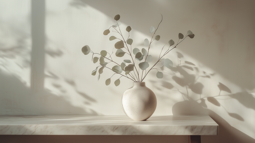 Elegant Marble Console Table with Sculptural Vase and Natural Elements