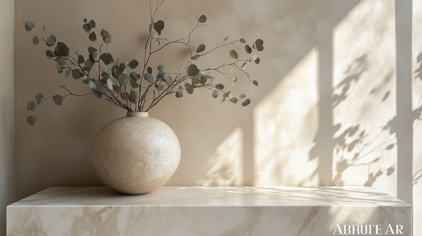 Minimalist Marble Console with Ceramic Vase and Dried Eucalyptus