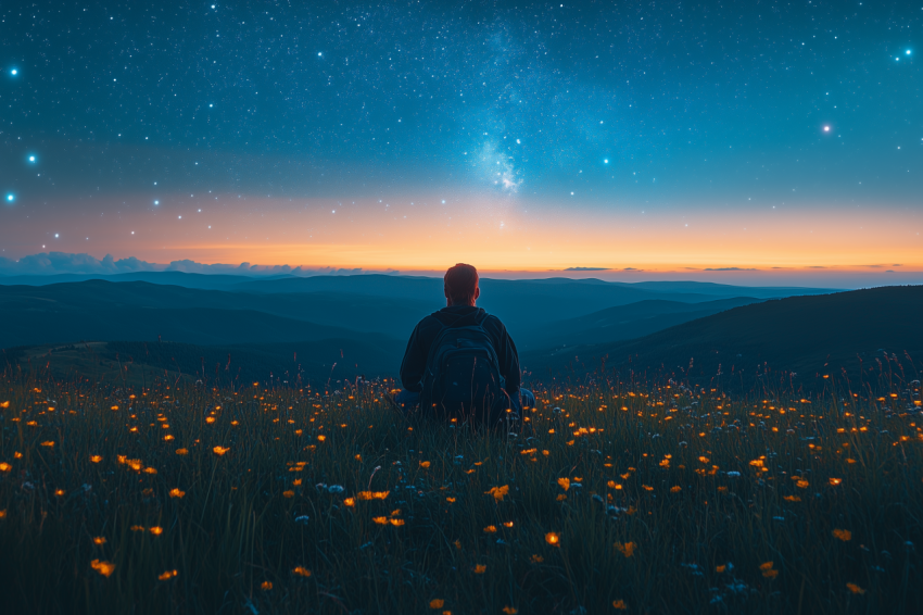 Serene Painter on Hilltop at Dusk