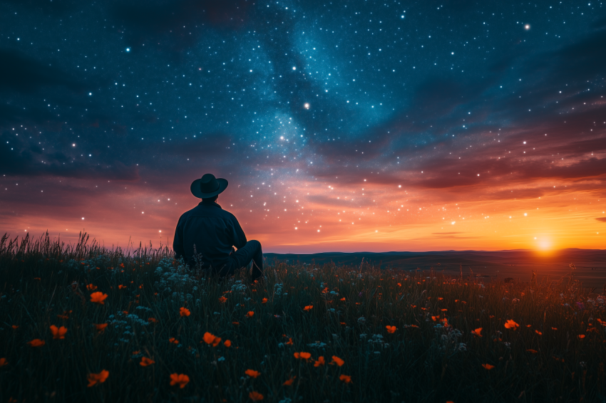 Painter on Hilltop Under Starry Sky