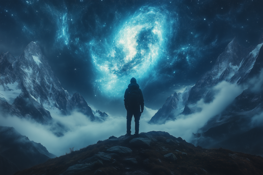 Lone Hiker on Mountain Ridge Under Milky Way