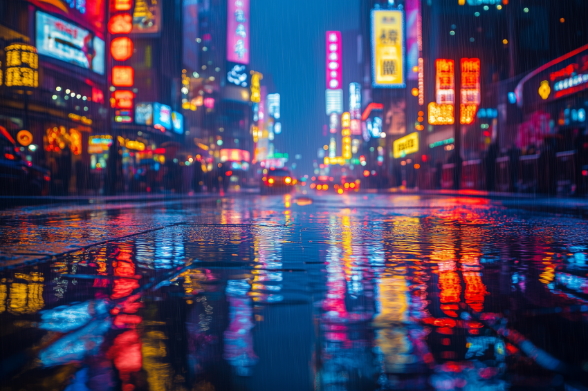 Rainy Night with Neon Cityscape