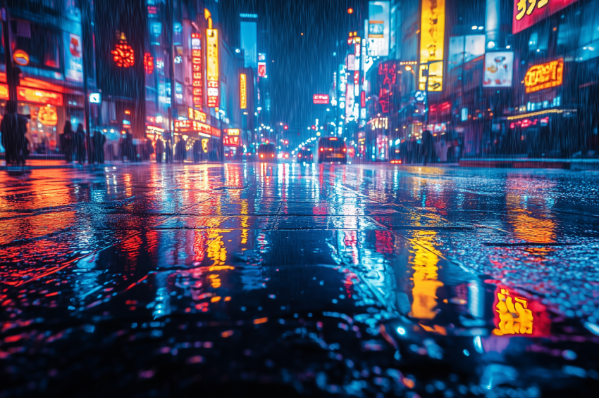 Neon Reflections on Rainy Street