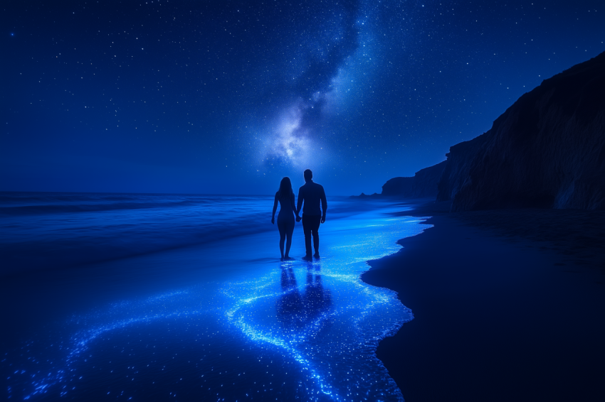 Bioluminescent Waves on Beach at Night