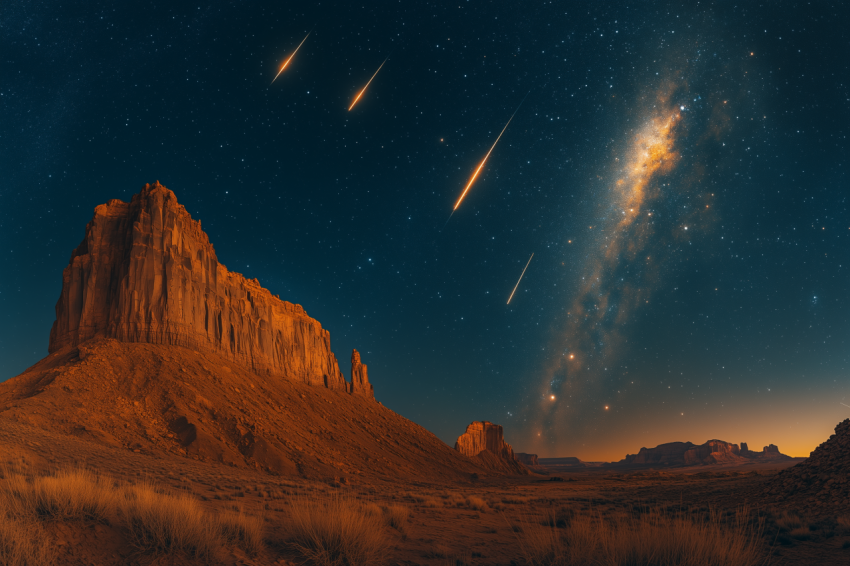 Starry Night with Meteor Shower Over Desert