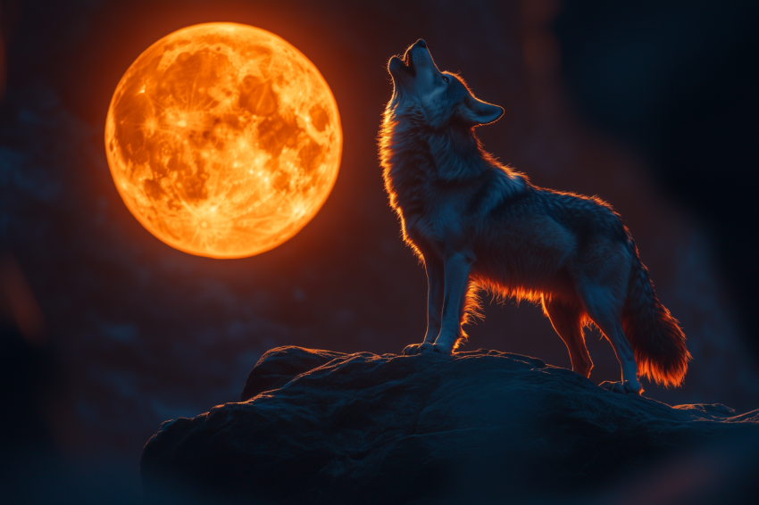 Starry Night with Wolf on Cliff