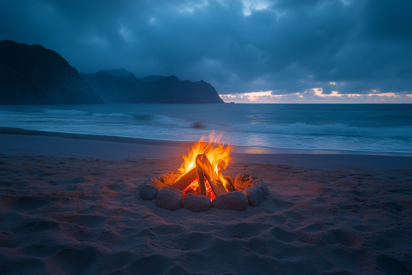 Bonfire Glow on Secluded Beach at Night
