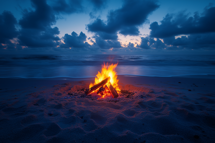 Golden Bonfire Glow on Beach