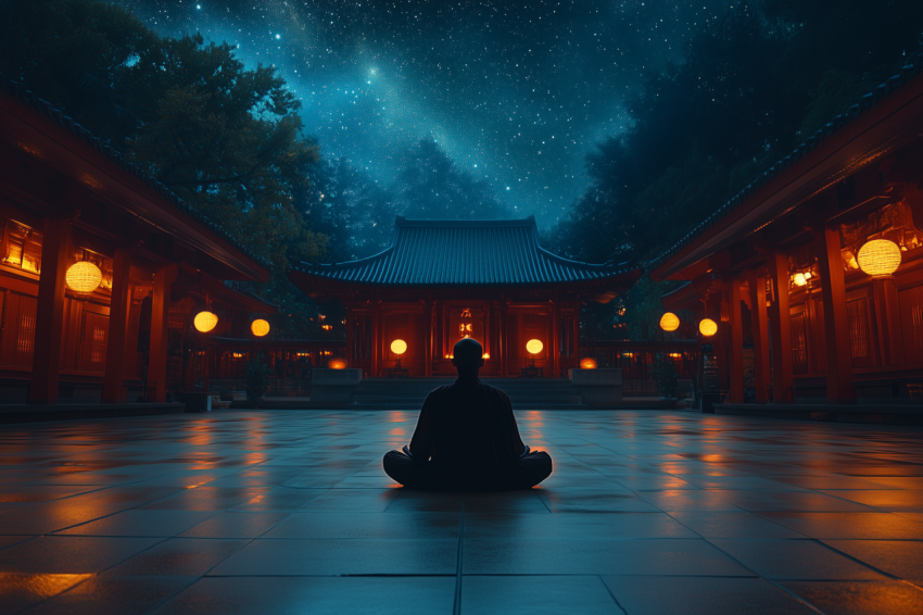 Monk Meditating in Temple Courtyard at Night
