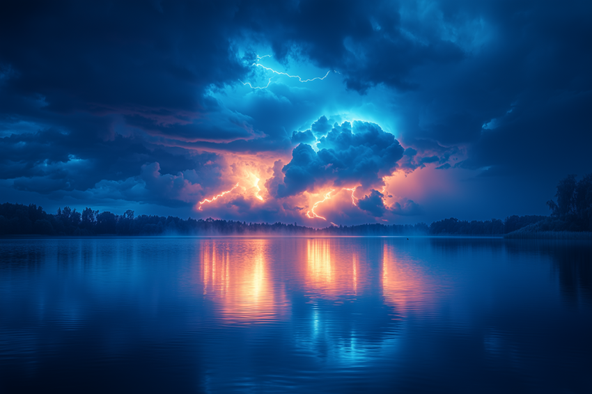 Starry Night with Thunderstorm Over Lake