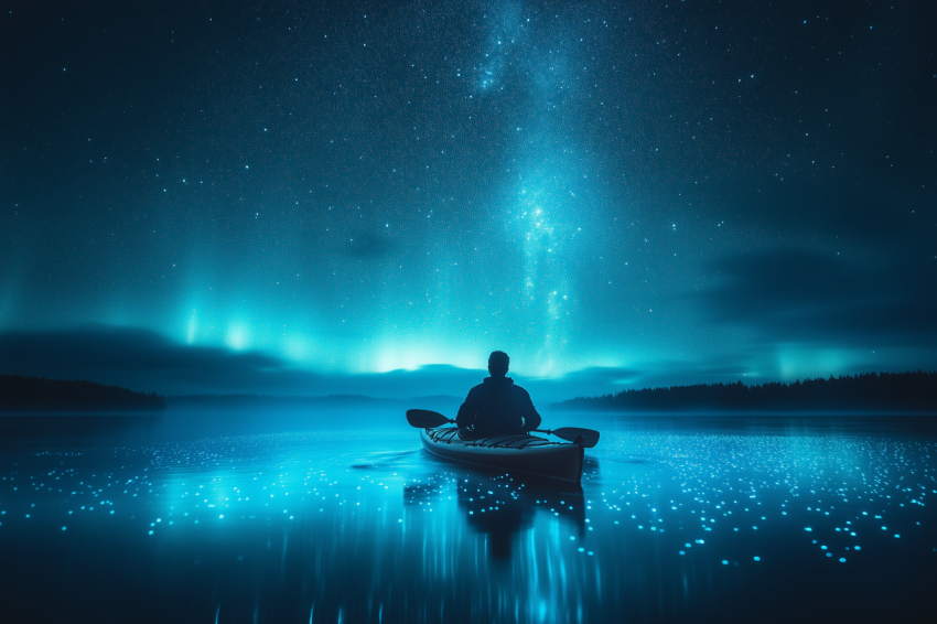 Tranquil Kayaker in Bioluminescent Waters