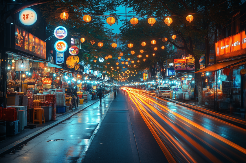 Dramatic Night Market with Colorful Stalls