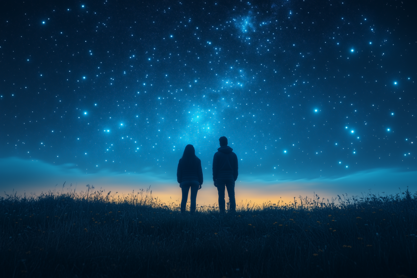 Couple Stargazing Under Meteor Shower
