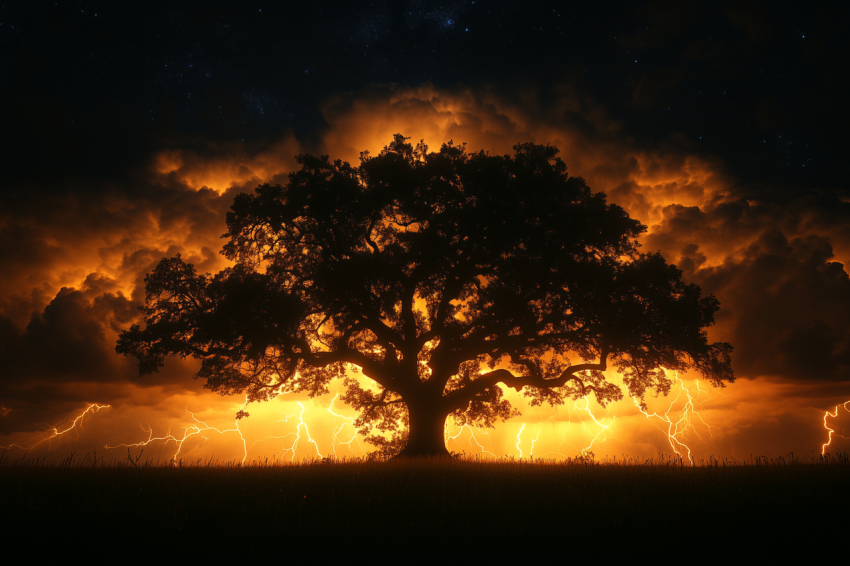 Starry Night with Lightning Over Tree