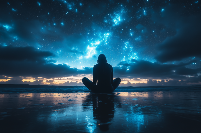 Surfer Waiting for Waves Under Starry Sky