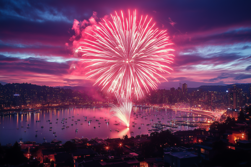 Fireworks Display Over City Skyline