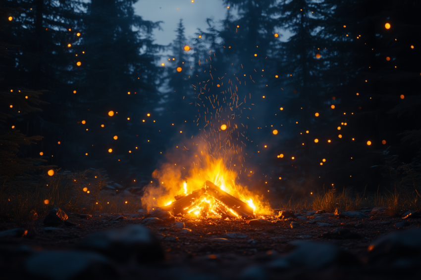 Campfire Glow in Dense Forest at Night