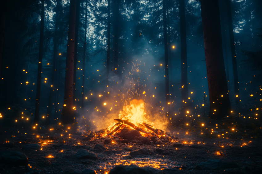 Glowing Embers and Fireflies in Forest