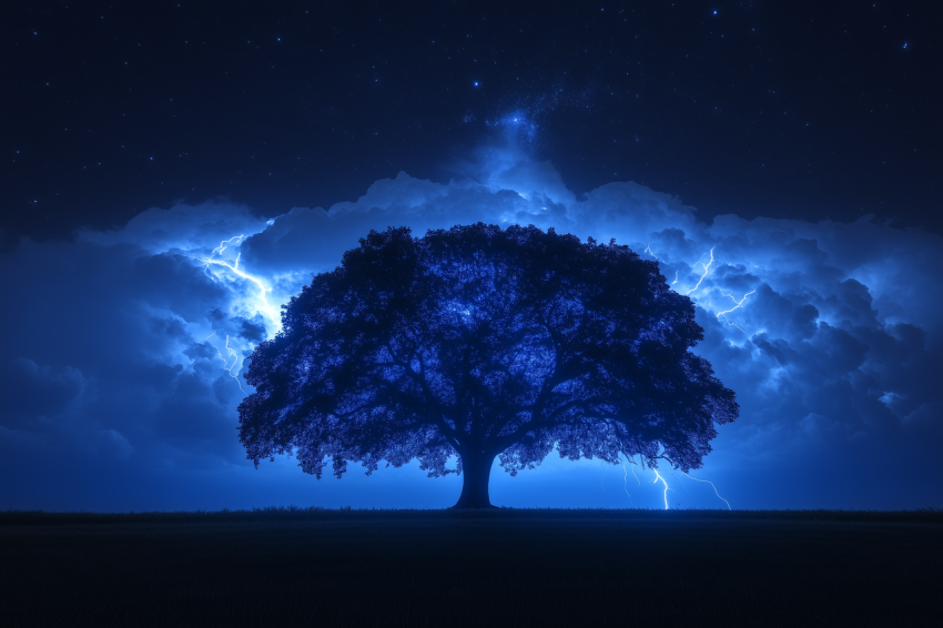 Tree Silhouette with Lightning at Night