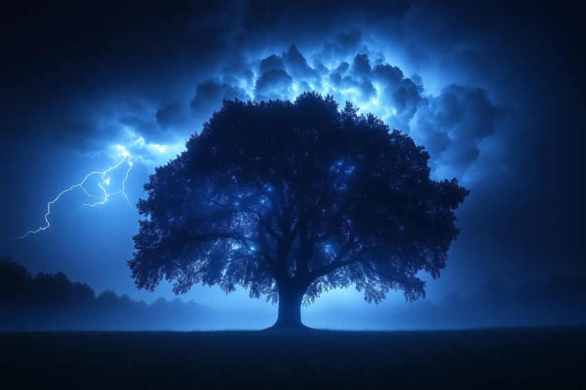 Lightning Illuminates Tree Silhouette