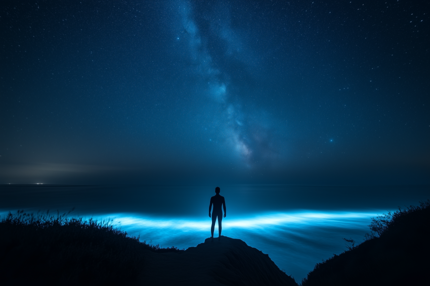 Dramatic Surfer Under Starry Sky