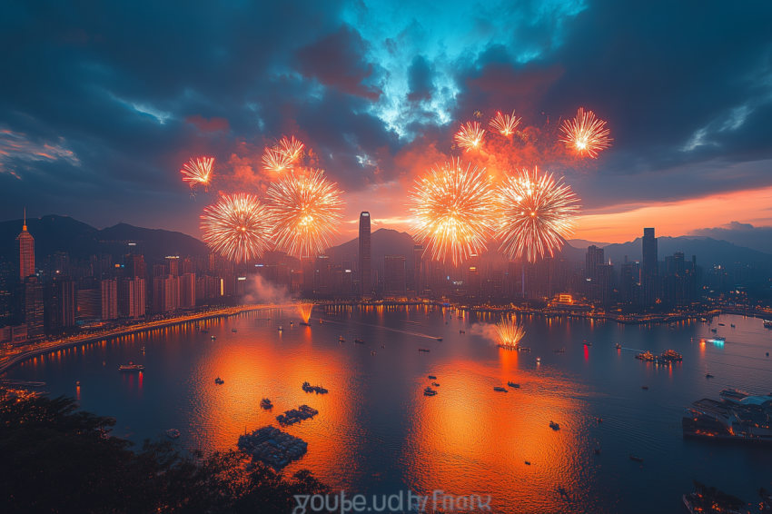 Vibrant Fireworks Over City Skyline