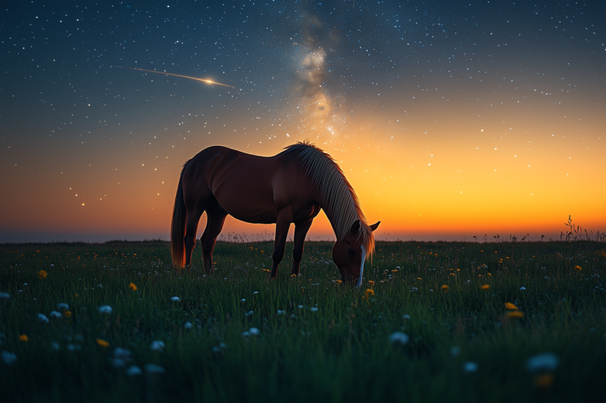 Horse Grazing in Meadow Under Starry Sky